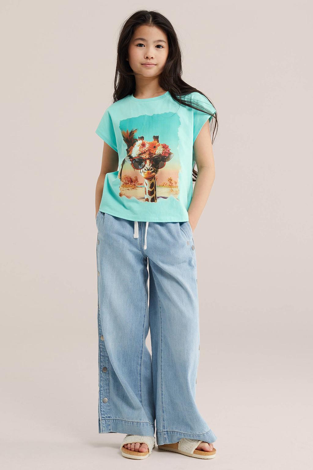 Lichtblauwe meisjes WE Fashion T-shirt van katoen met printopdruk, korte mouwen en ronde hals