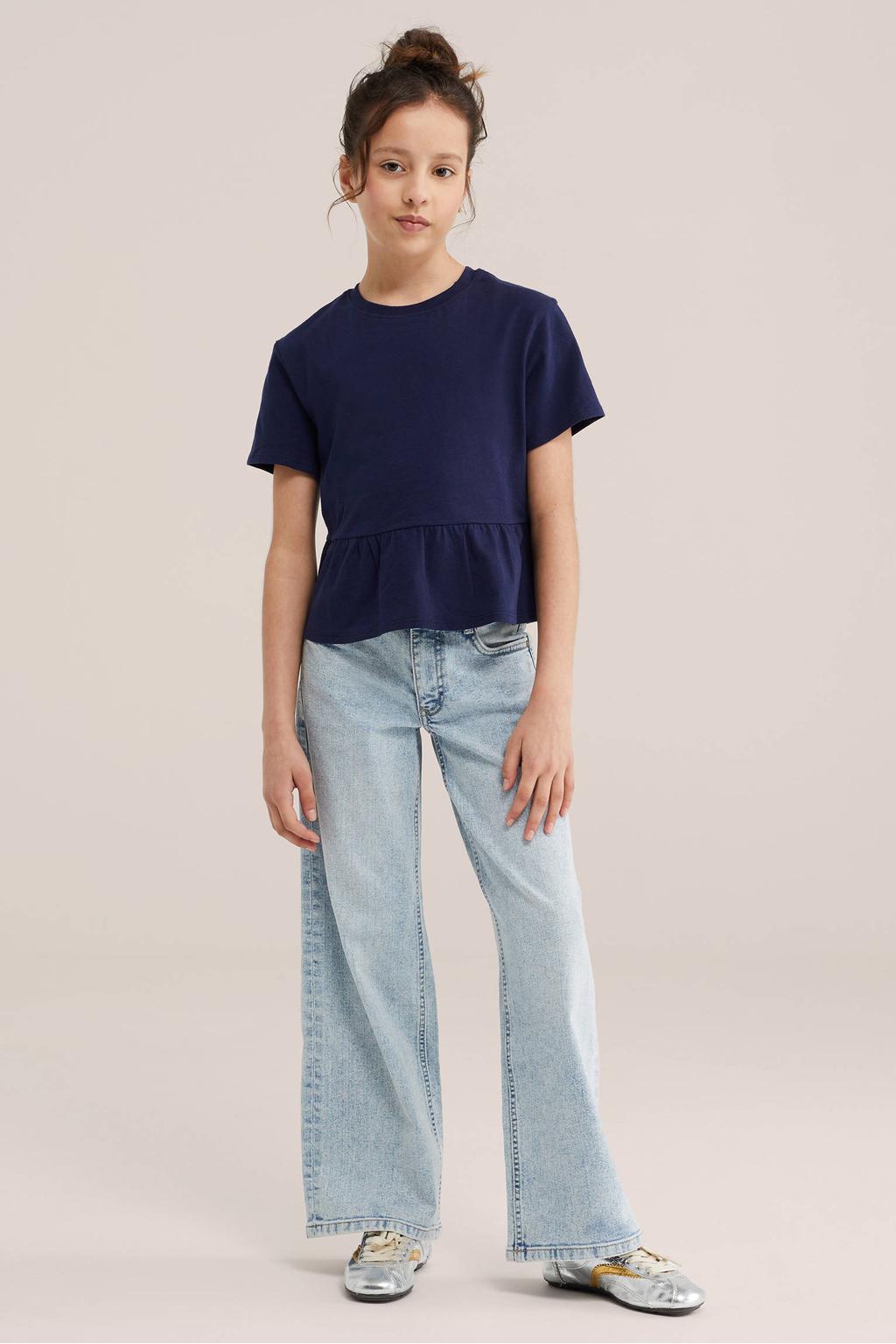 Donkerblauwe meisjes WE Fashion T-shirt van katoen met effen, korte mouwen, ronde hals en peplum
