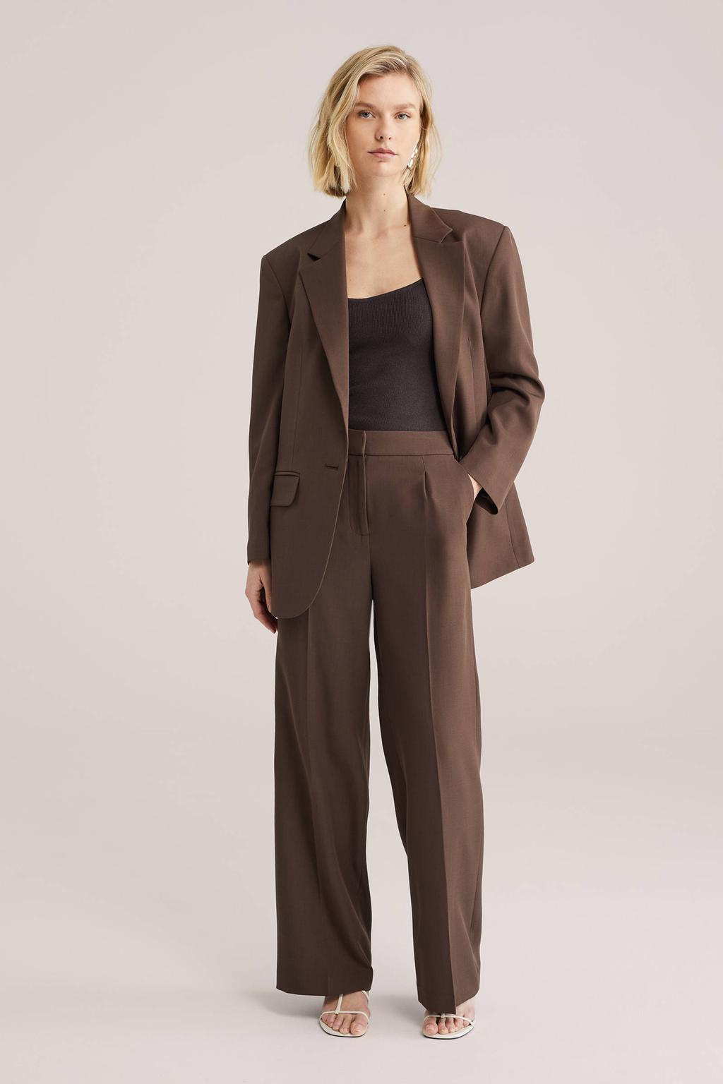 Donkerblauwe dames WE Fashion regular blazer van polyester met effen, lange mouwen, reverskraag en knoopsluiting
