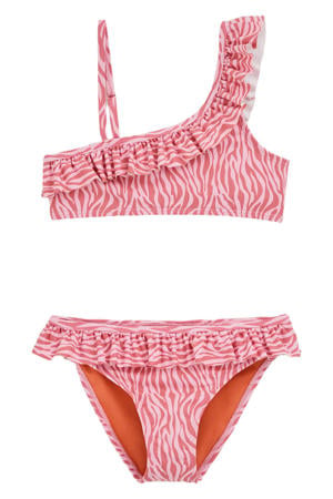 one shoulder bikini met ruches roze