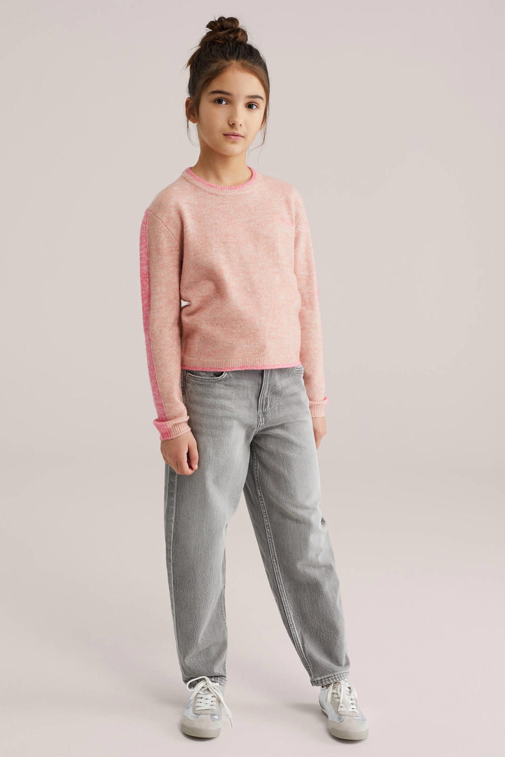 Roze meisjes WE Fashion trui fijn gebreid van polyester met melée print, lange mouwen, ronde hals en contrast bies