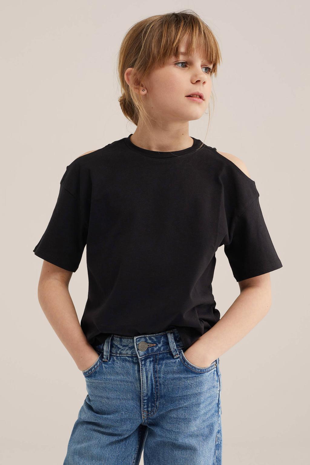 Zwarte meisjes WE Fashion T-shirt van katoen met effen, korte mouwen, ronde hals en open shoulder