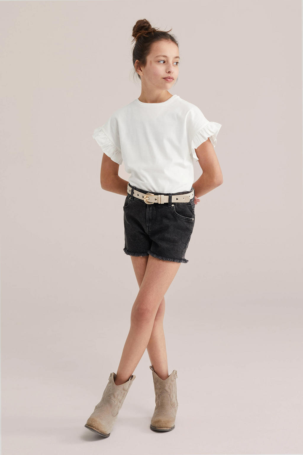 Witte meisjes WE Fashion T-shirt van katoen met effen, korte mouwen, ronde hals en ruches