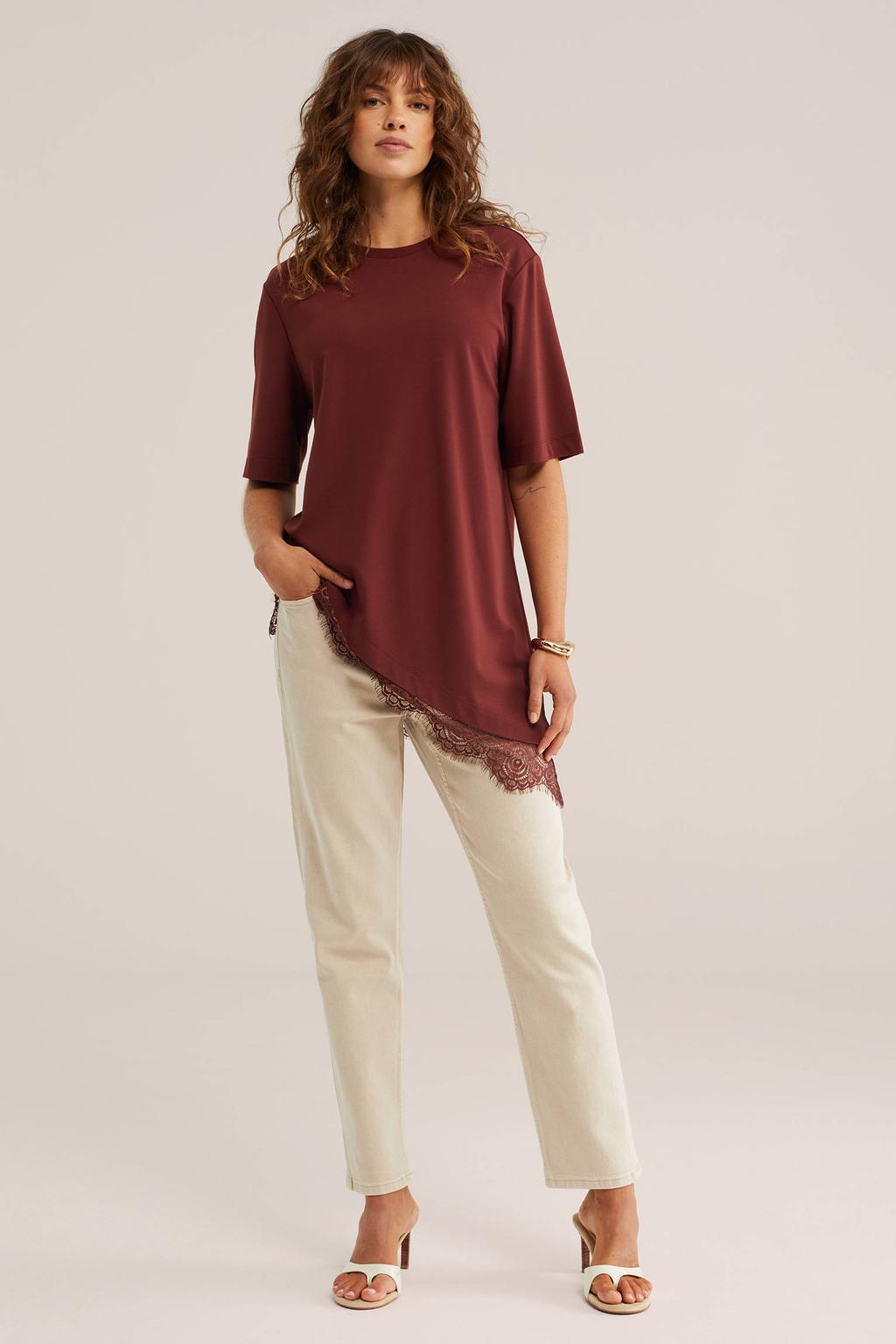 Beige dames WE Fashion Blue Ridge high waist tapered jeans van denim met rits- en knoopsluiting en effen
