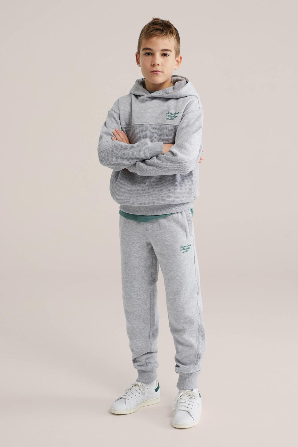 Grijs melange jongens WE Fashion hoodie melange van sweat materiaal met effen, lange mouwen en capuchon