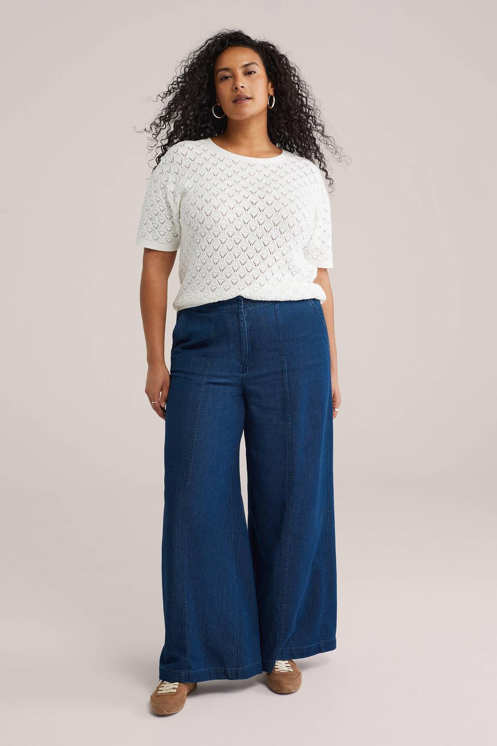 Witte dames WE Fashion Curve top gebreid met effen, korte mouwen, ronde hals en ajour details