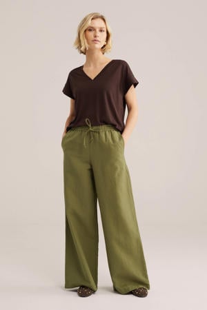 wide leg high waist broek met linnen olijfgroen