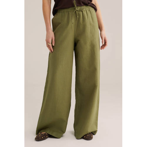 WE Fashion wide leg high waist broek met linnen olijfgroen afbeelding