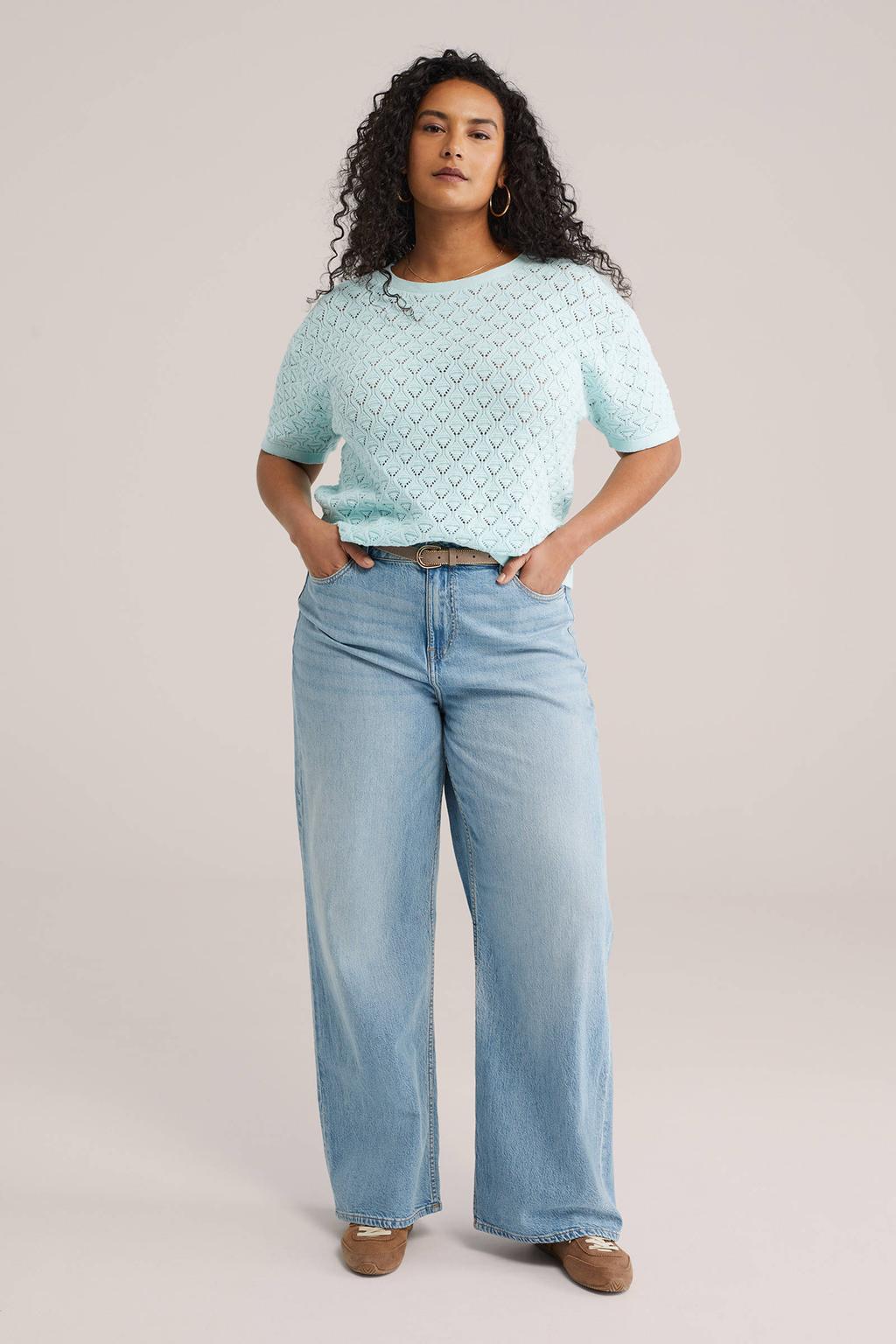 Lichtblauwe dames WE Fashion Curve top gebreid met effen, korte mouwen, ronde hals en ajour details