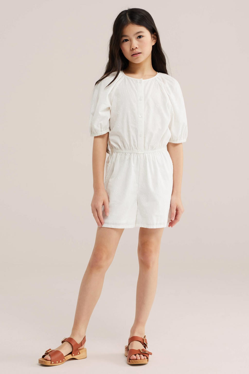Witte meisjes WE Fashion Straight playsuit van katoen met effen, korte mouwen, ronde hals, knoopsluiting en elastische boord