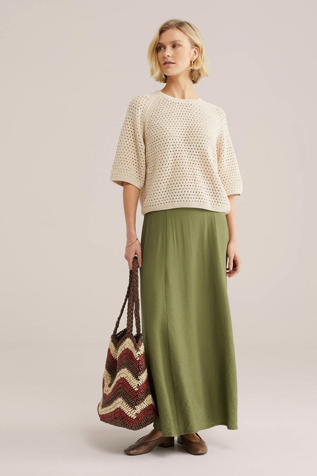 Beige dames WE Fashion gebreide trui van chenille met effen, driekwart mouwen, ronde hals en lurex