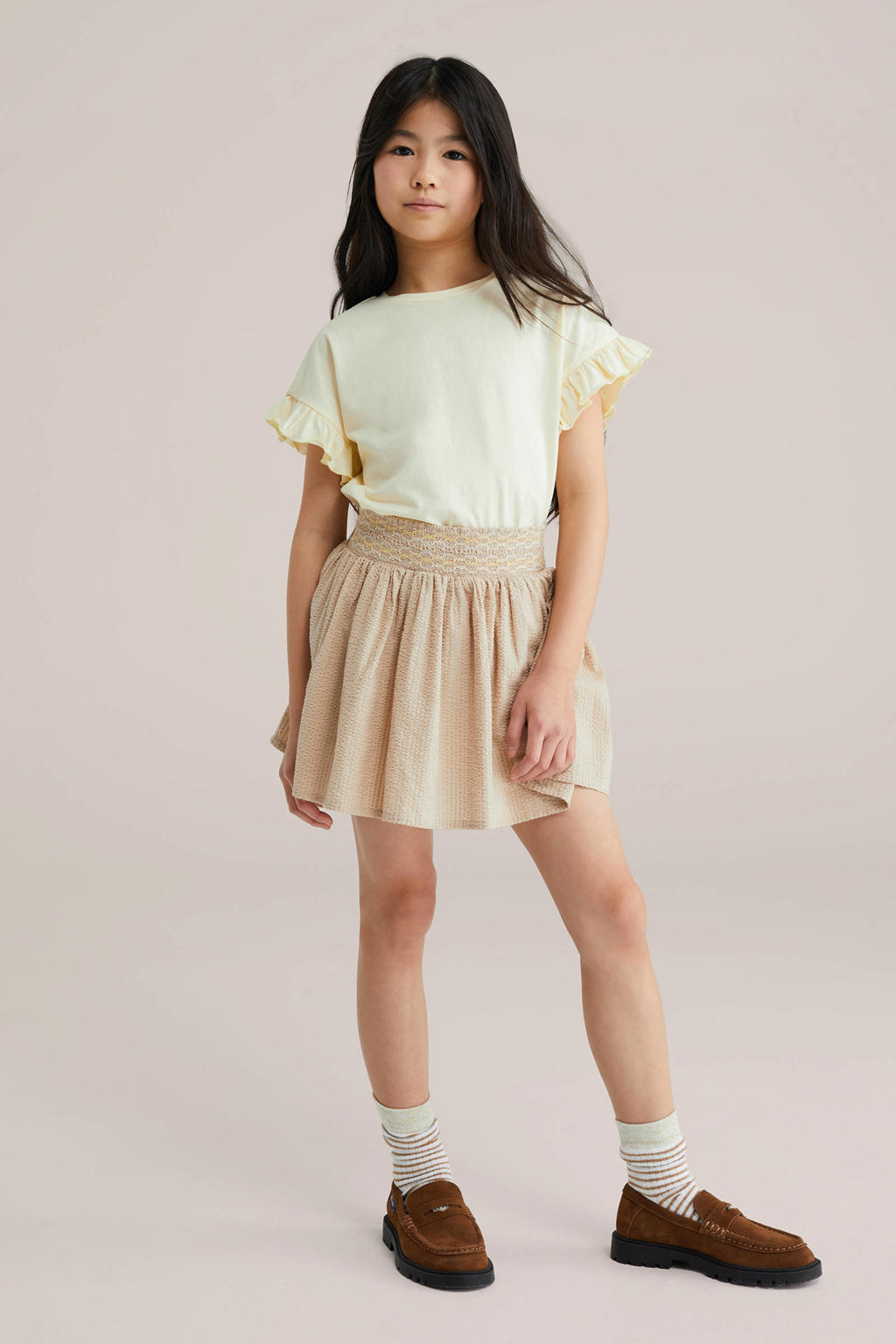 Lichtgele meisjes WE Fashion T-shirt van katoen met effen, korte mouwen, ronde hals en ruches