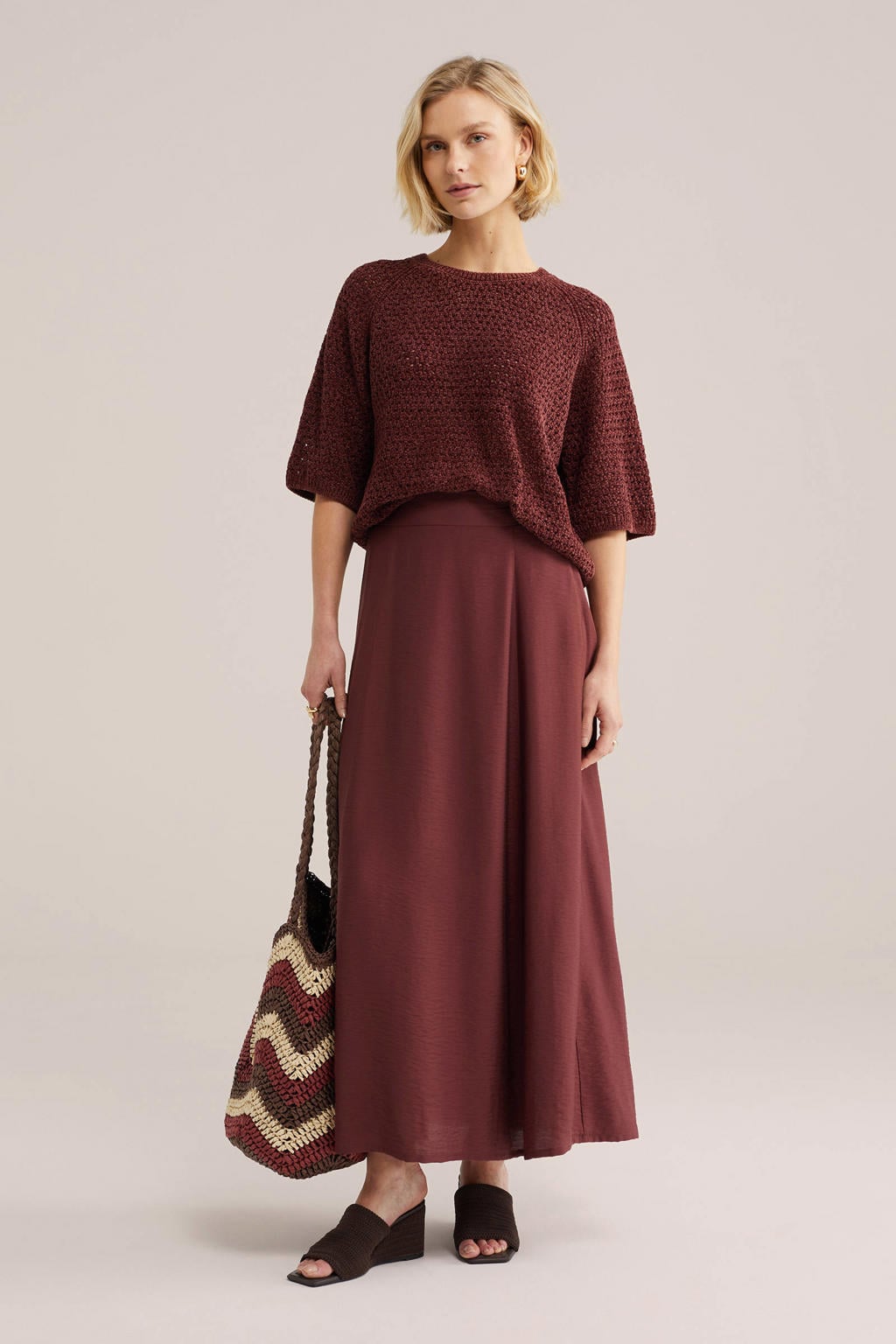 Donkerrode dames WE Fashion gebreide trui van chenille met effen, driekwart mouwen, ronde hals en lurex