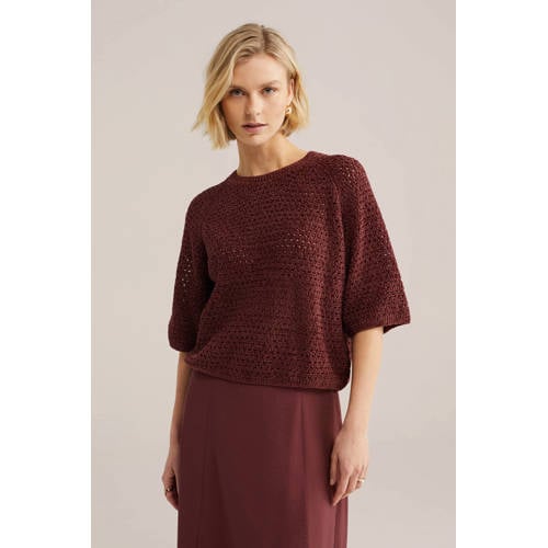 WE Fashion gebreide trui donkerrood met lurex afbeelding