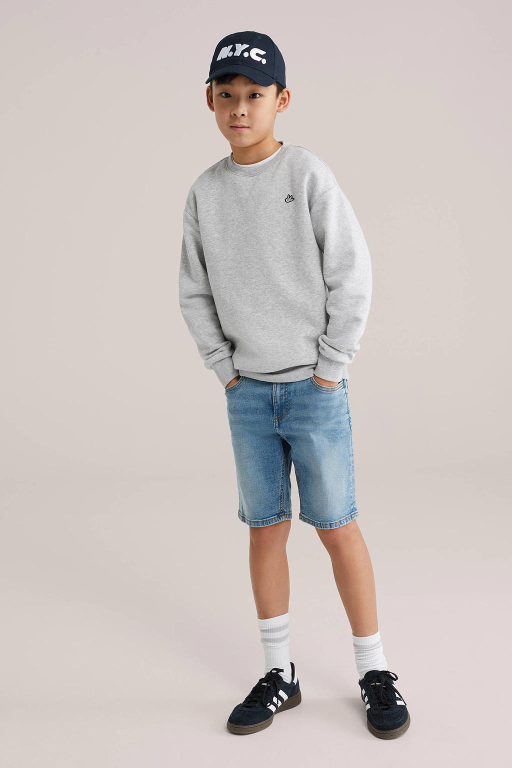 Light blue denim jongens WE Fashion Blue Ridge short van denim met rits- en knoopsluiting en effen