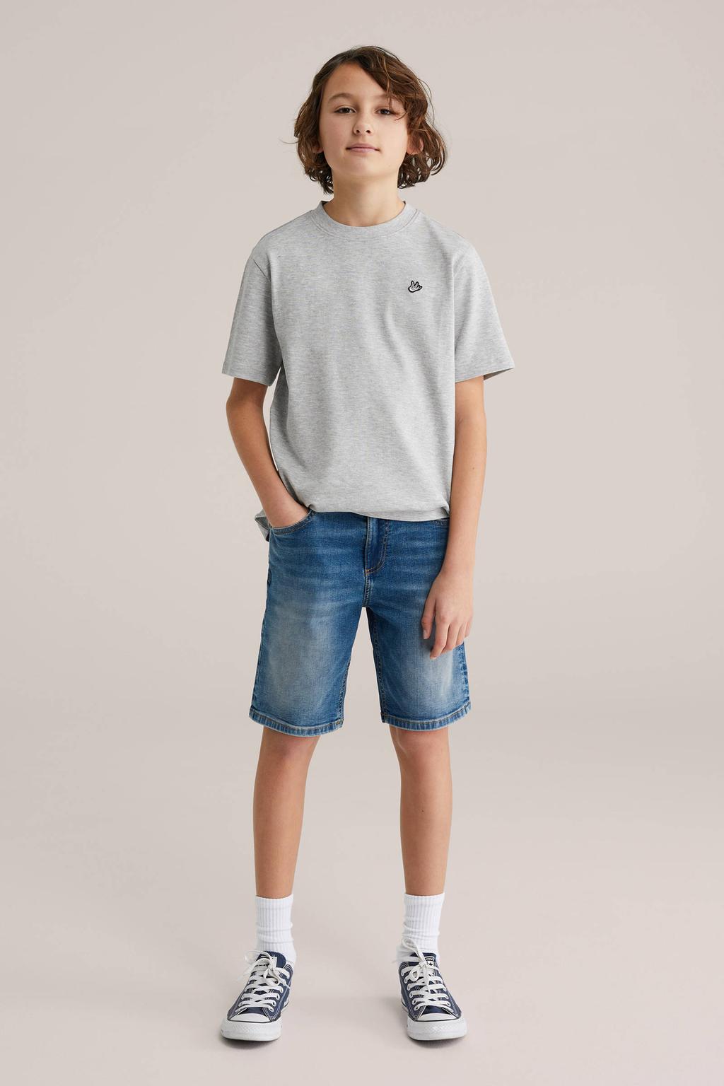 Medium blue denim jongens WE Fashion Blue Ridge short van denim met rits- en knoopsluiting en effen