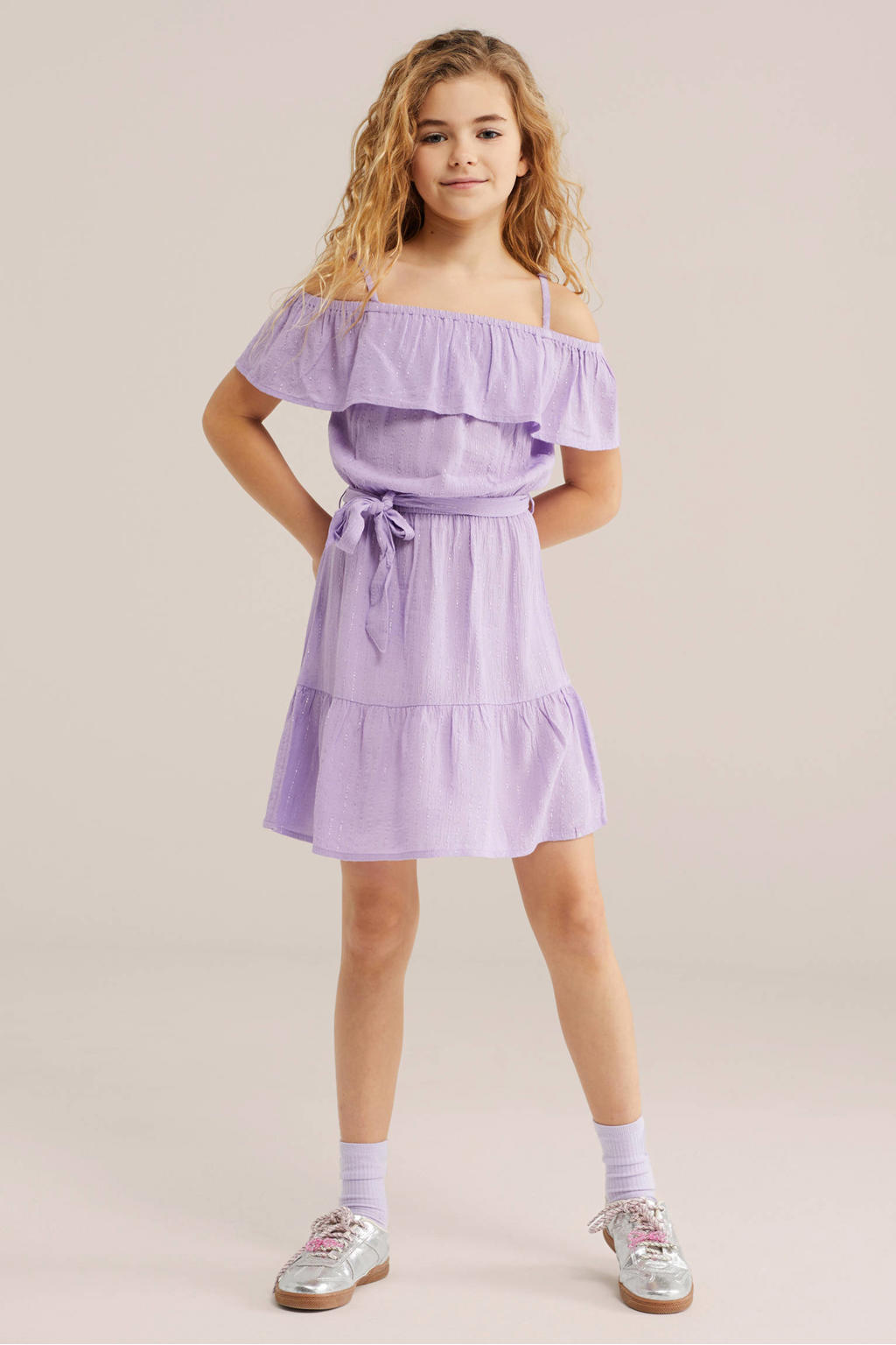 Paarse meisjes WE Fashion off shoulder jurk van viscose met spaghettibandjes