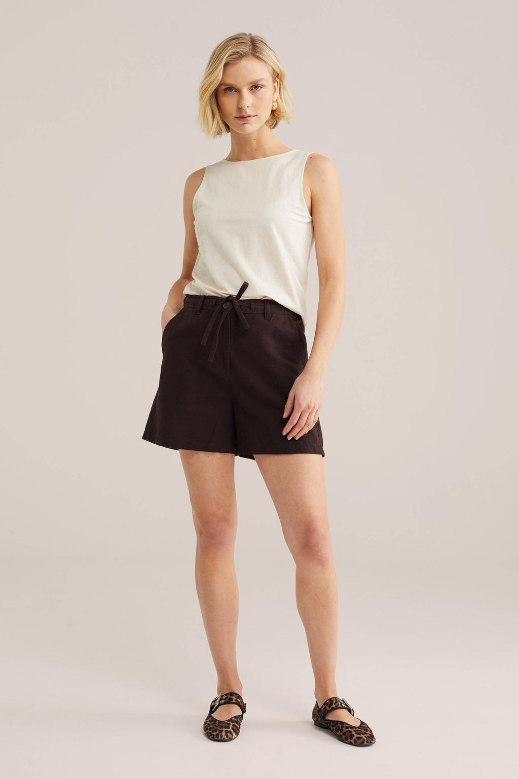 Donkerblauwe dames WE Fashion wide leg high waist casual short van katoenlinnen met elastische tailleband met koord en effen