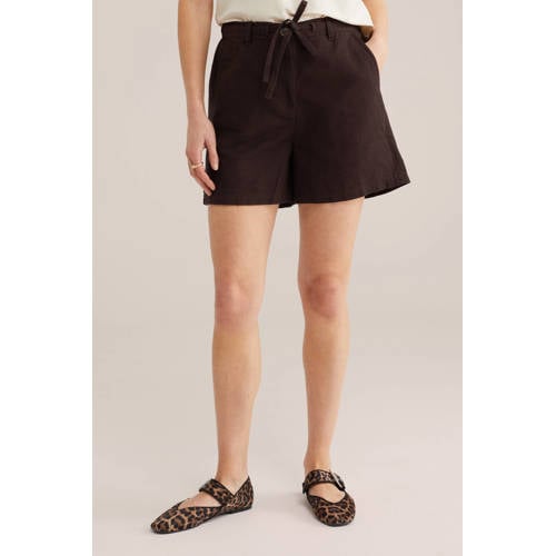 WE Fashion wide leg high waist casual short met linnen donkerbruin afbeelding