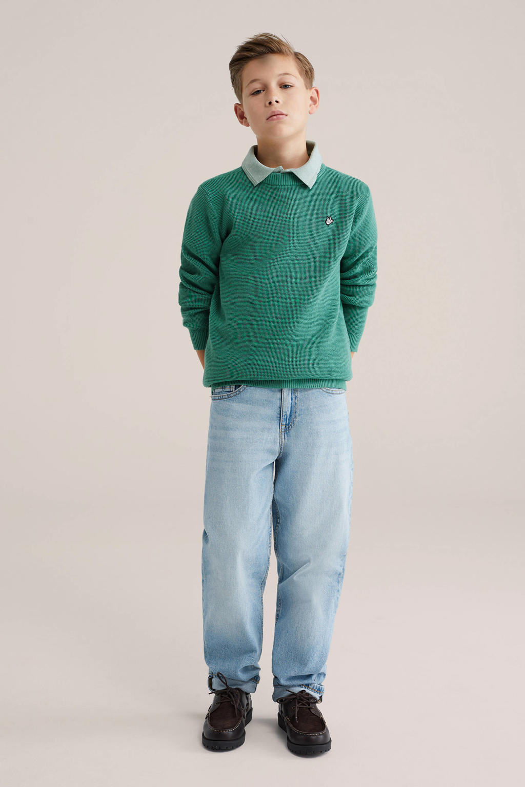 Groene jongens WE Fashion trui fijn gebreid van sweat materiaal met effen, lange mouwen en ronde hals