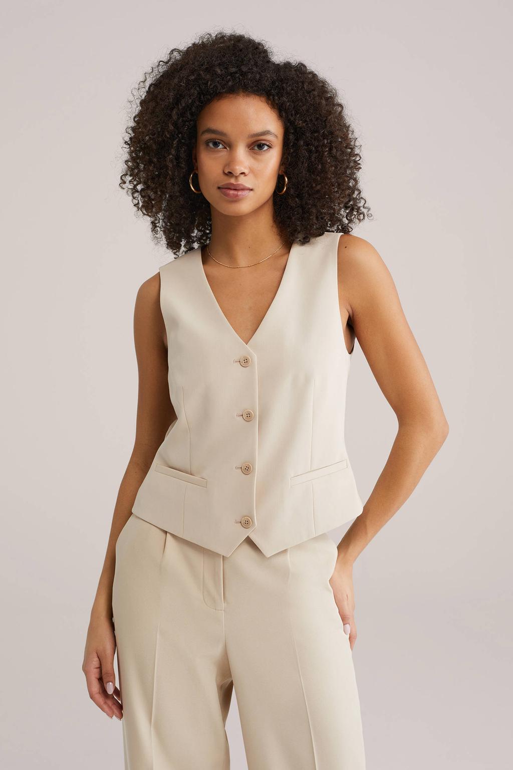 Zandkleurige dames WE Fashion straight regular waist broek van polyester met rits, haak- en knoopsluiting en effen