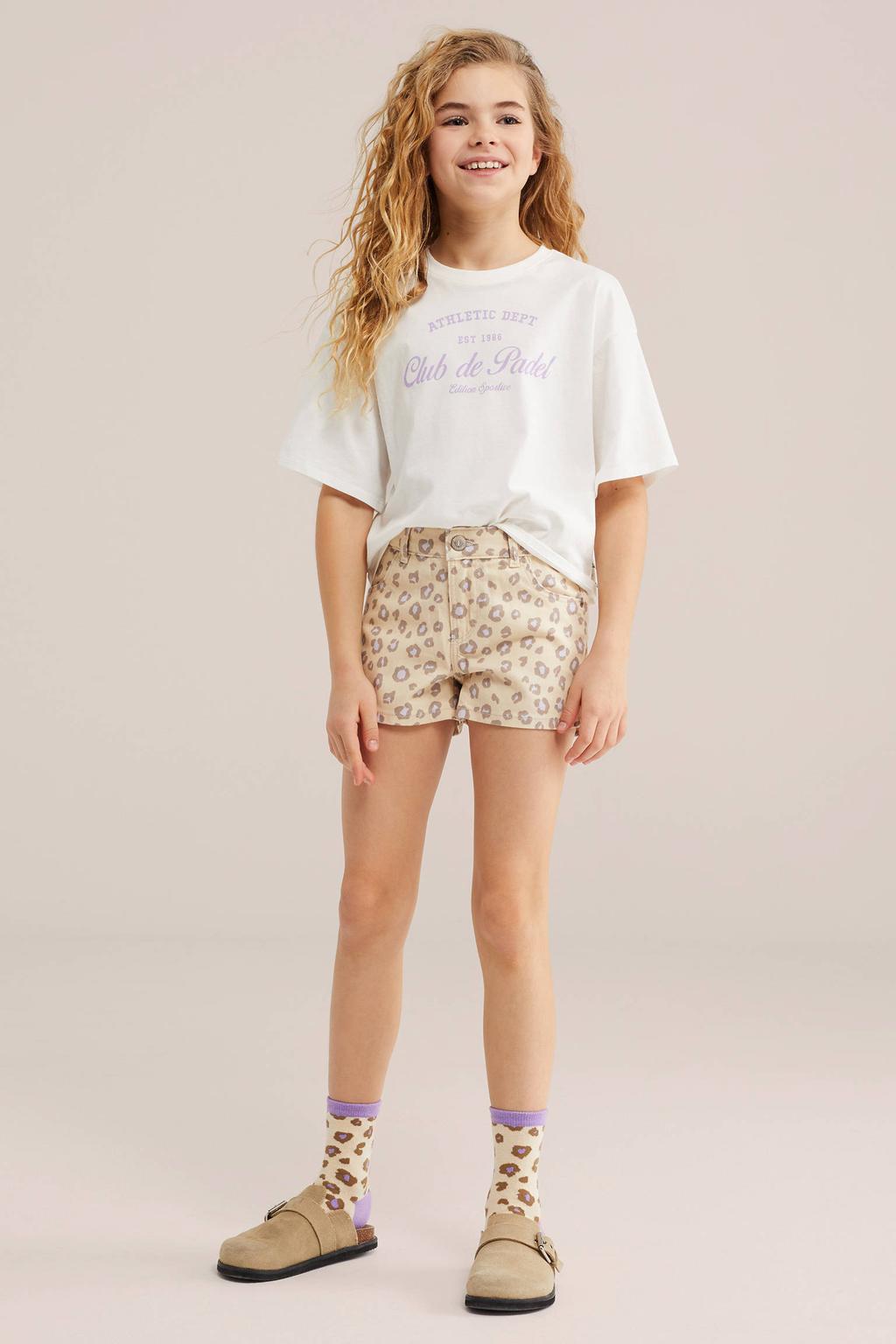 Beige meisjes WE Fashion Blue Ridge straight short van denim met rits- en knoopsluiting en dierenprint