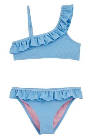 one shoulder bikini met ruches lichtblauw