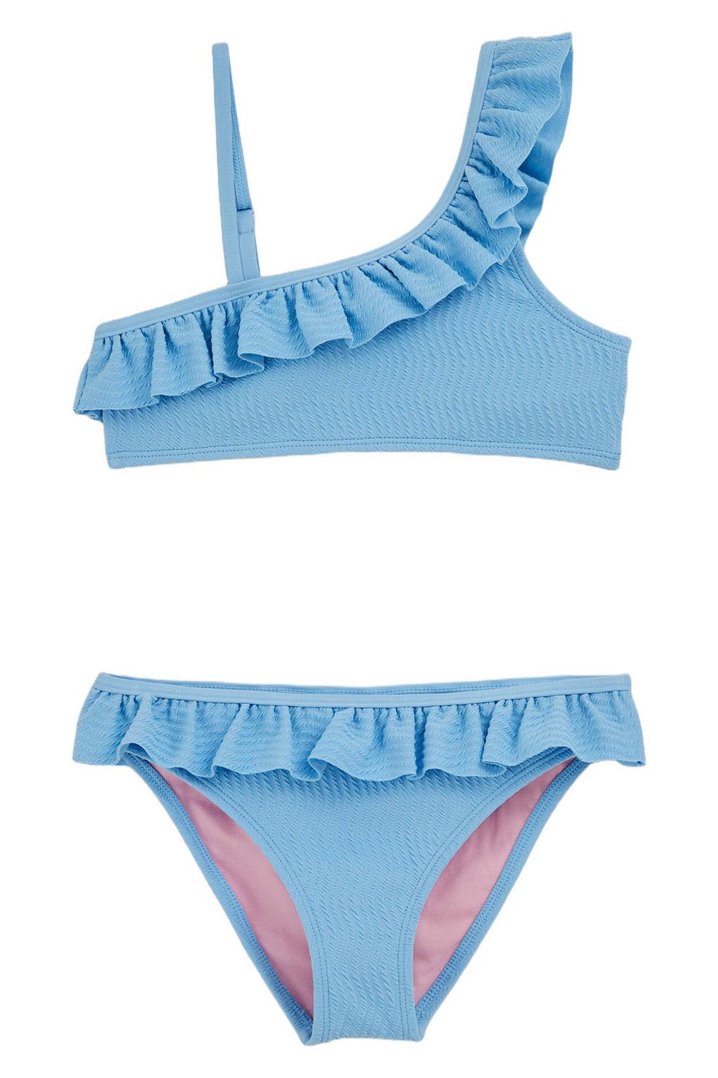 WE Fashion one shoulder bikini met ruches lichtblauw