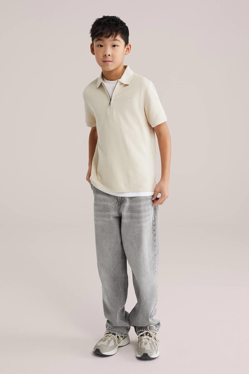 Beige jongens WE Fashion T-shirt van katoen met effen, korte mouwen, polo kraag en textuur