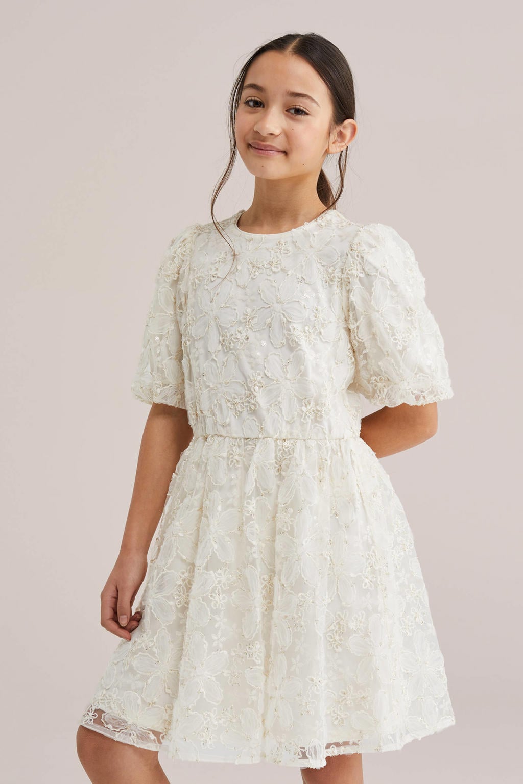 Witte meisjes WE Fashion zomerjurk van polyester met effen, korte mouwen, ronde hals, ritssluiting en borduursels