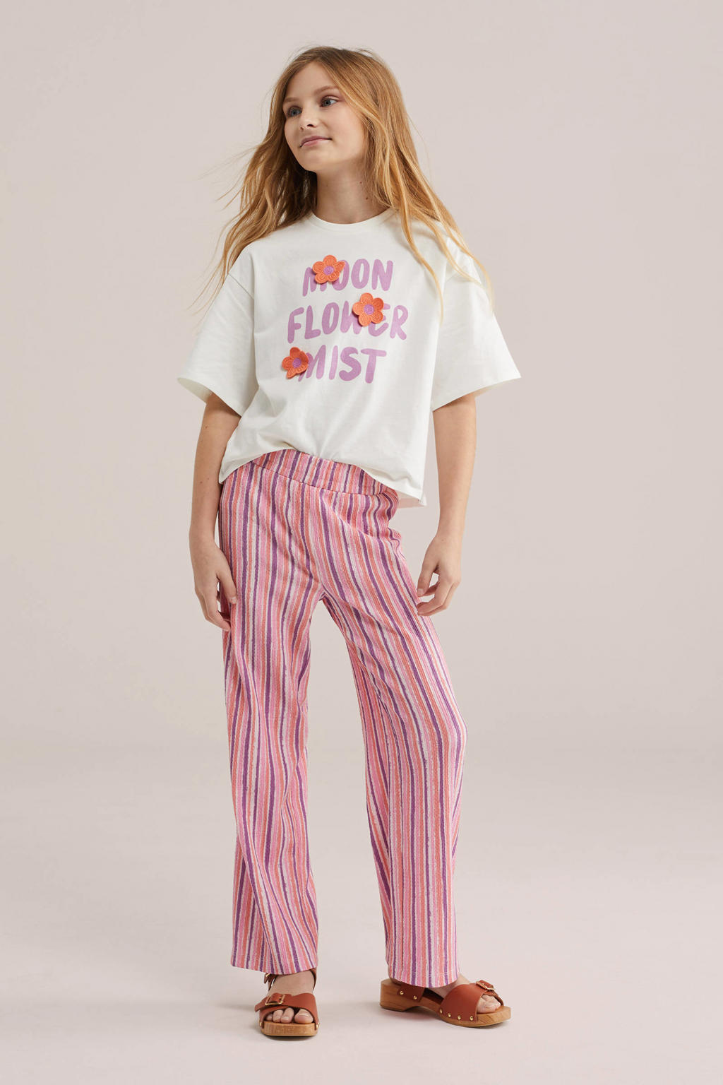 Roze meisjes WE Fashion palazzo broek van polyester met loose fit, elastische tailleband en strepenprint