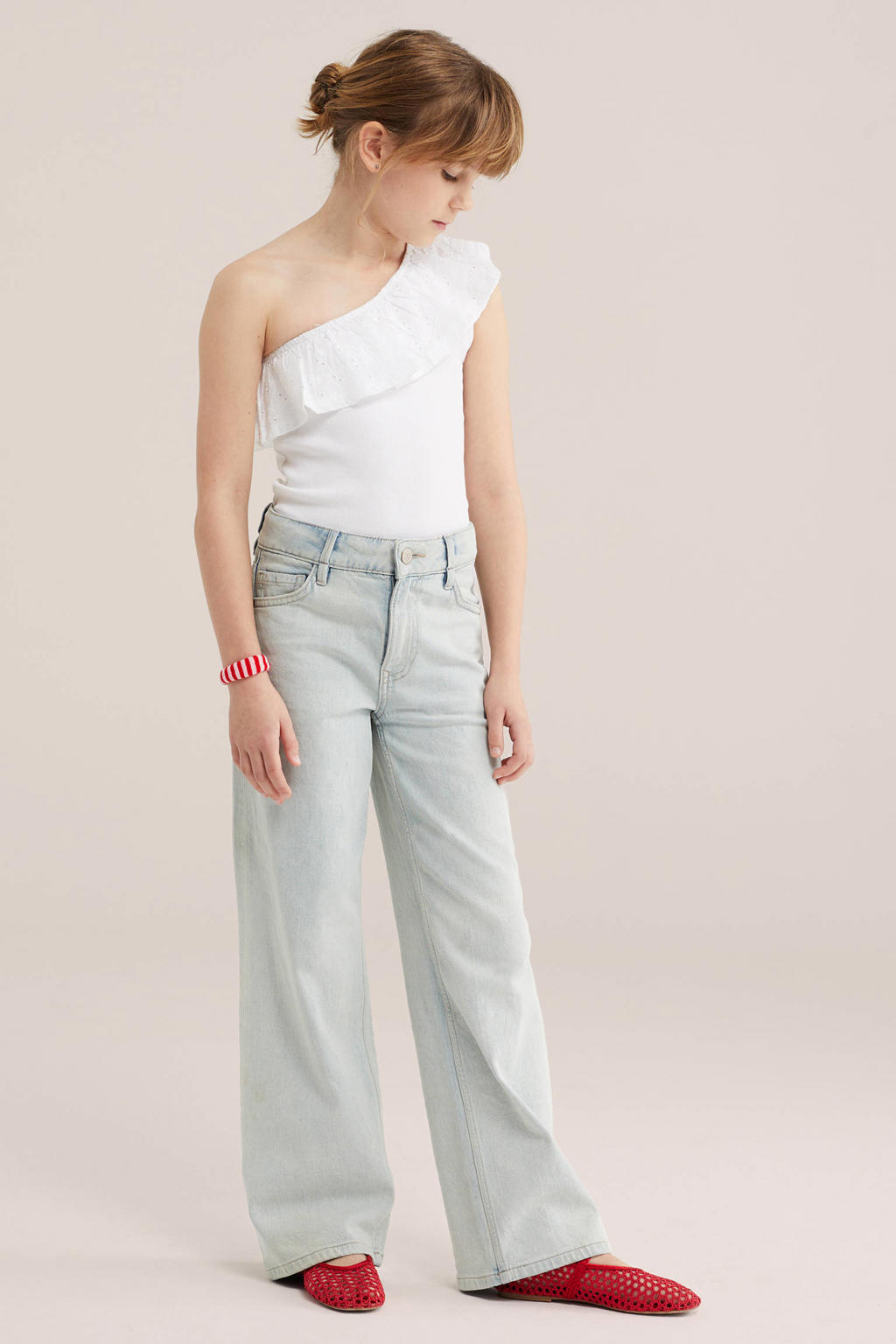 Witte meisjes WE Fashion one shoulder top fijn gebreid met effen