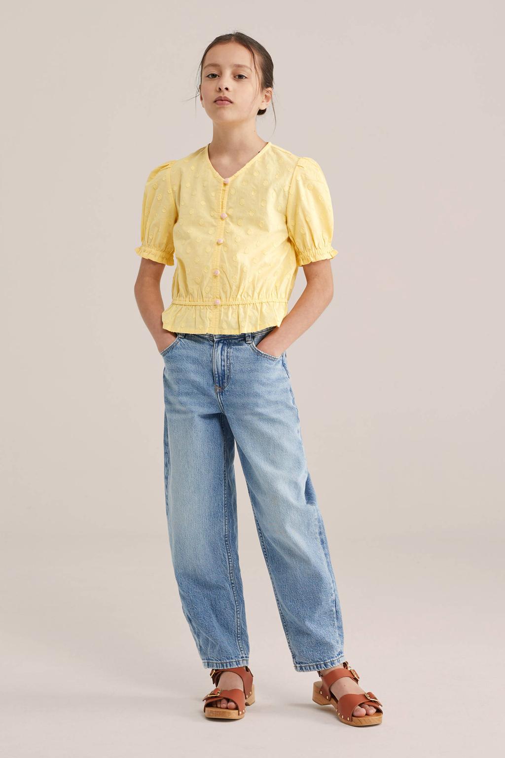 Lichtgele meisjes WE Fashion blousetop van katoen met effen, korte mouwen, V-hals en borduursels
