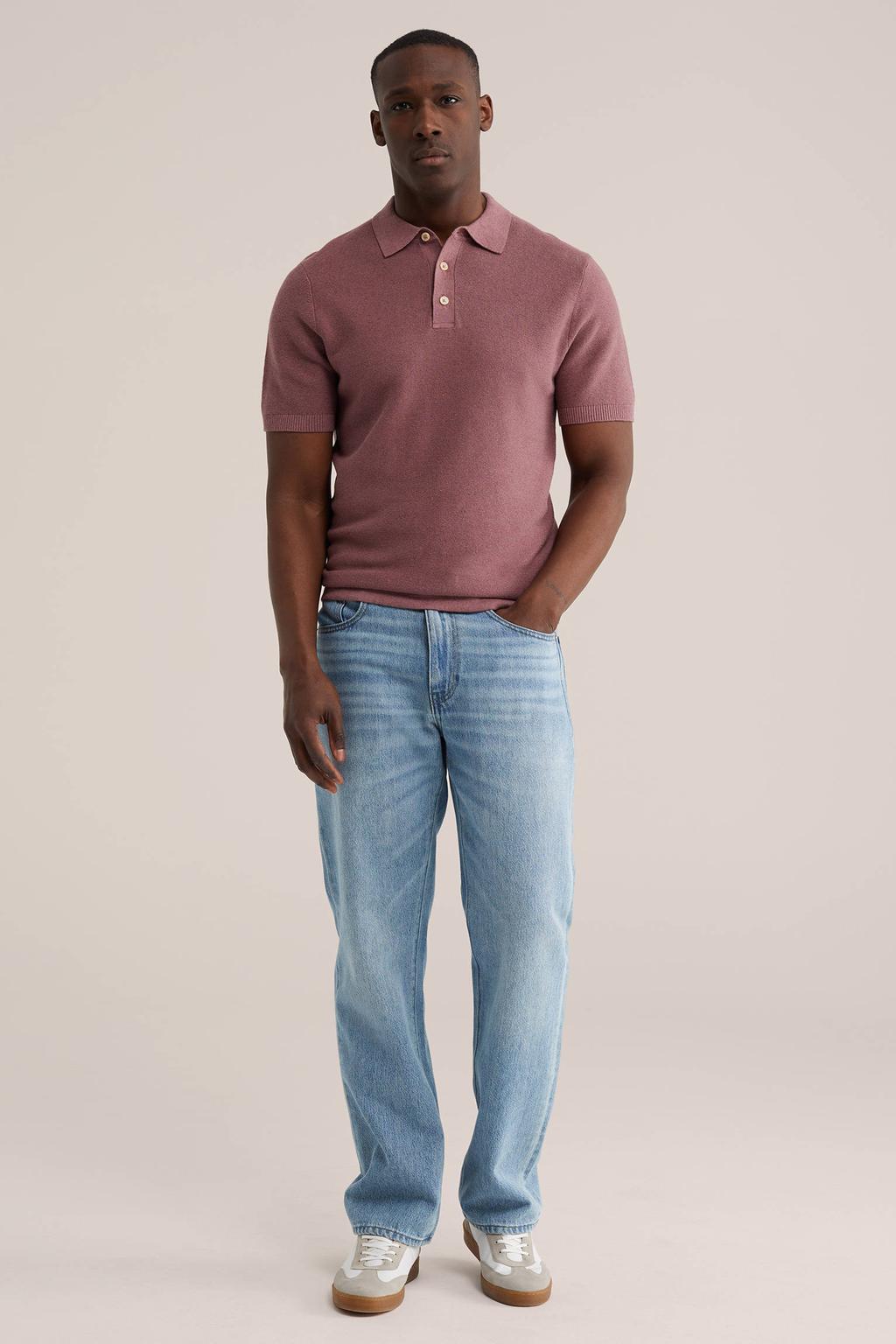 Roze heren WE Fashion regular polo van linnen met effen, korte mouwen en knoopsluiting
