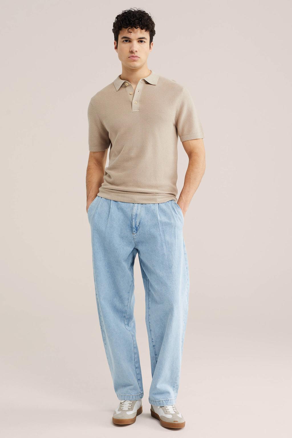 Beige heren WE Fashion regular polo van linnen met effen, korte mouwen en knoopsluiting