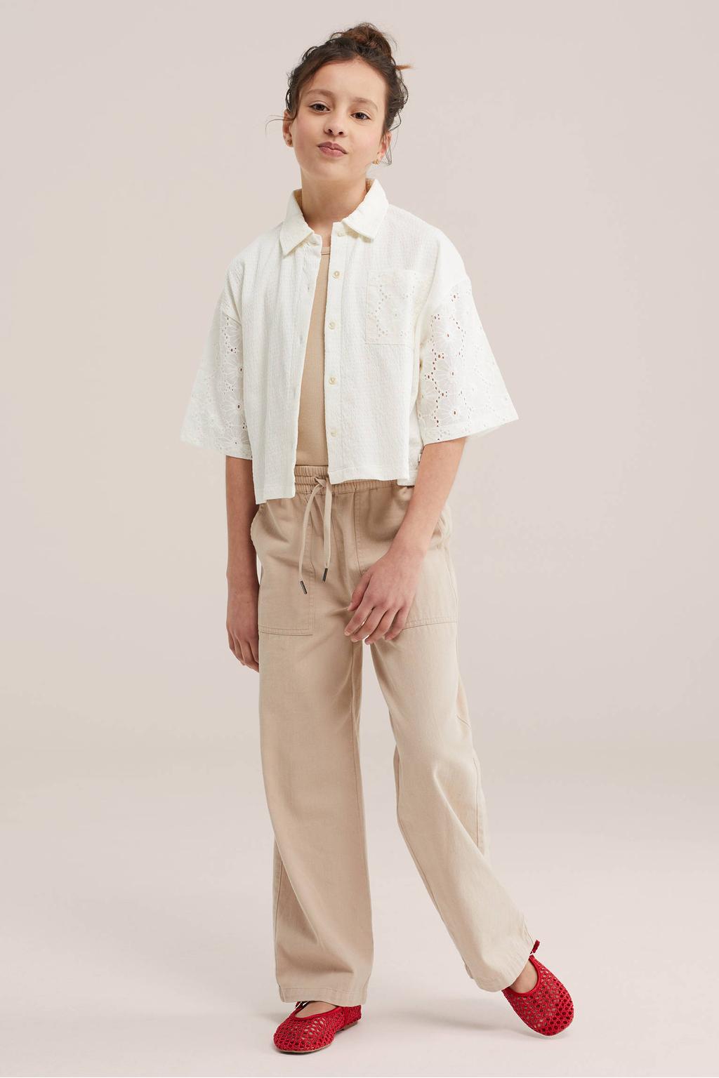 Witte meisjes WE Fashion blouse broderie van katoen met effen, korte mouwen, klassieke kraag en knoopsluiting