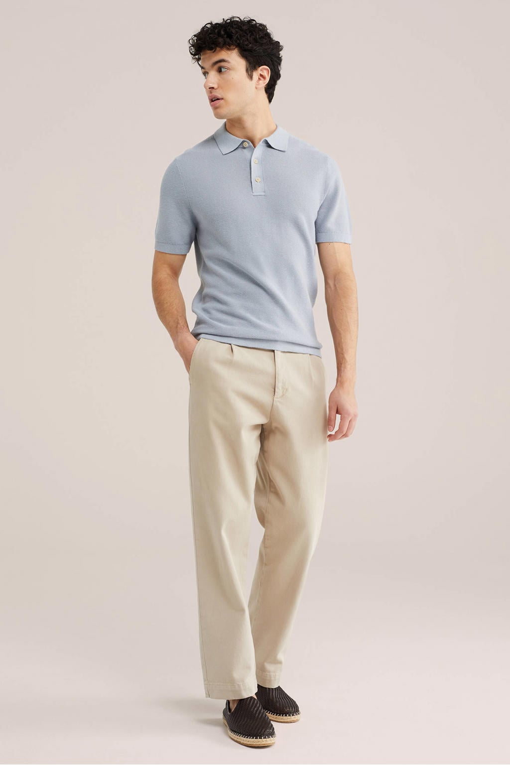 Blauwe heren WE Fashion regular polo van linnen met effen, korte mouwen en knoopsluiting