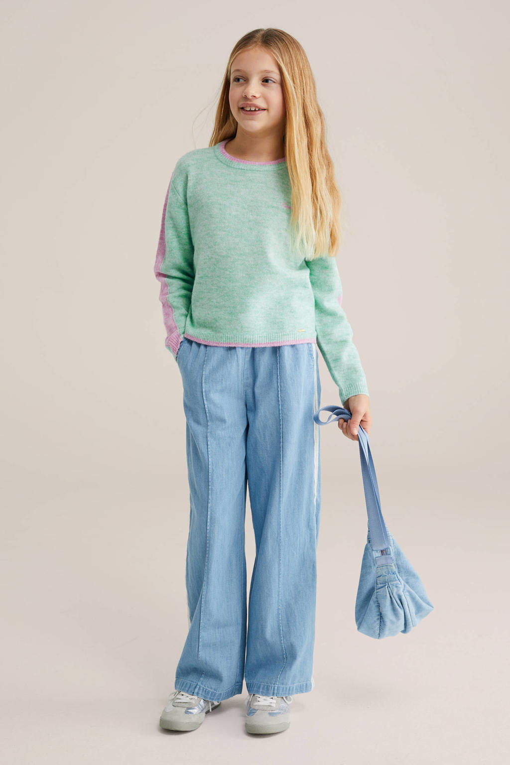 Mintgroene meisjes WE Fashion gebreide trui van polyester met melée print, lange mouwen en ronde hals
