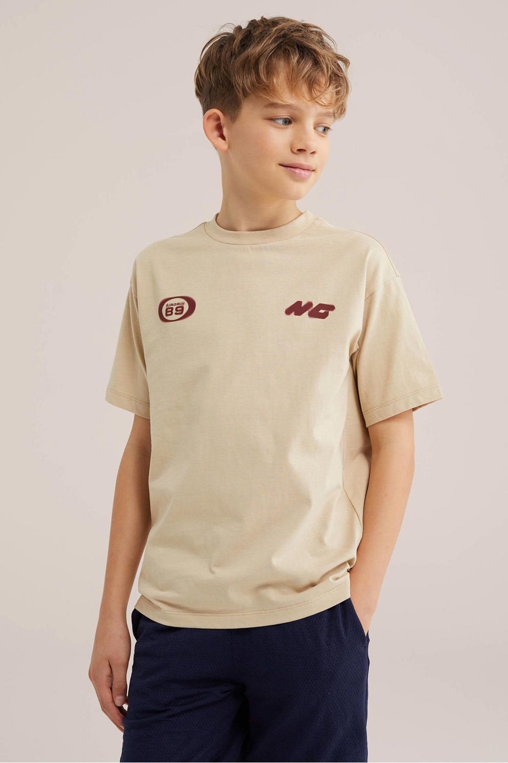 Beige jongens WE Fashion T-shirt van katoen met backprint, korte mouwen en ronde hals