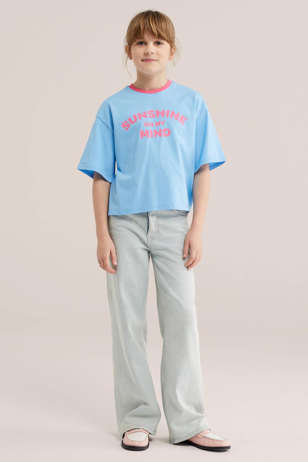 Blauwe meisjes WE Fashion T-shirt van katoen met tekst print, korte mouwen en ronde hals