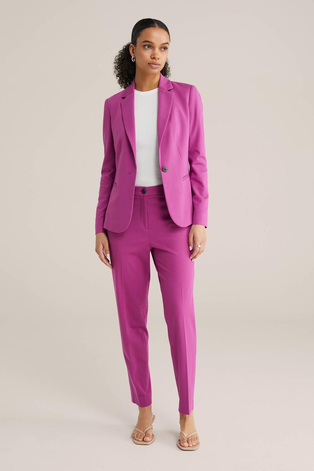 Fuchsia dames WE Fashion tapered regular waist chino van viscose met rits- en knoopsluiting en effen