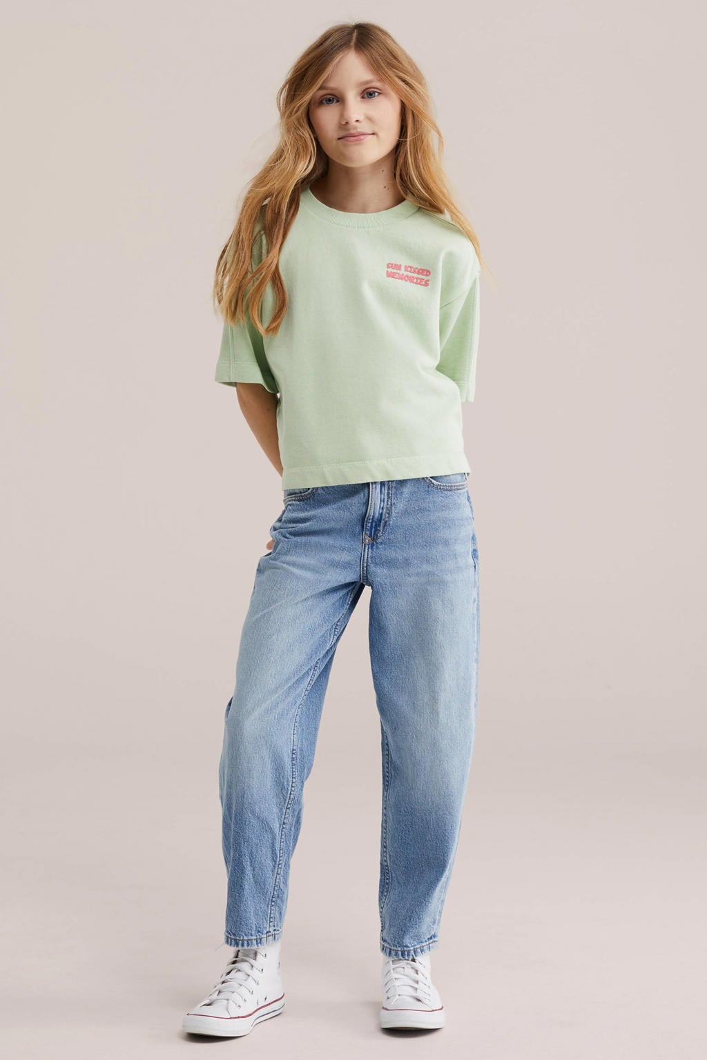 Mintgroene meisjes WE Fashion sweater met effen, korte mouwen en ronde hals