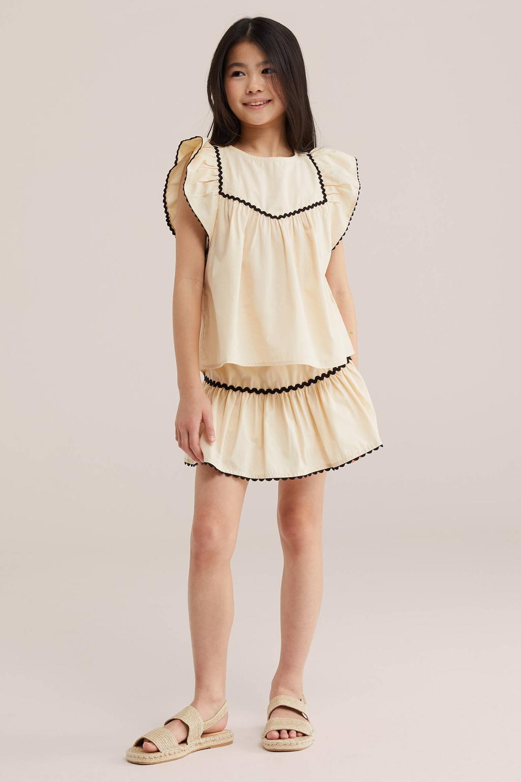 Beige meisjes WE Fashion mouwloze top met effen, ronde hals en contrast stiksels
