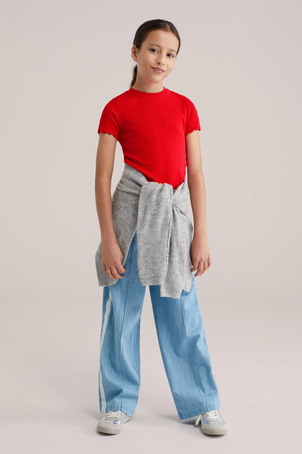 Rode meisjes WE Fashion T-shirt rib gebreid van katoen met effen, korte mouwen en ronde hals