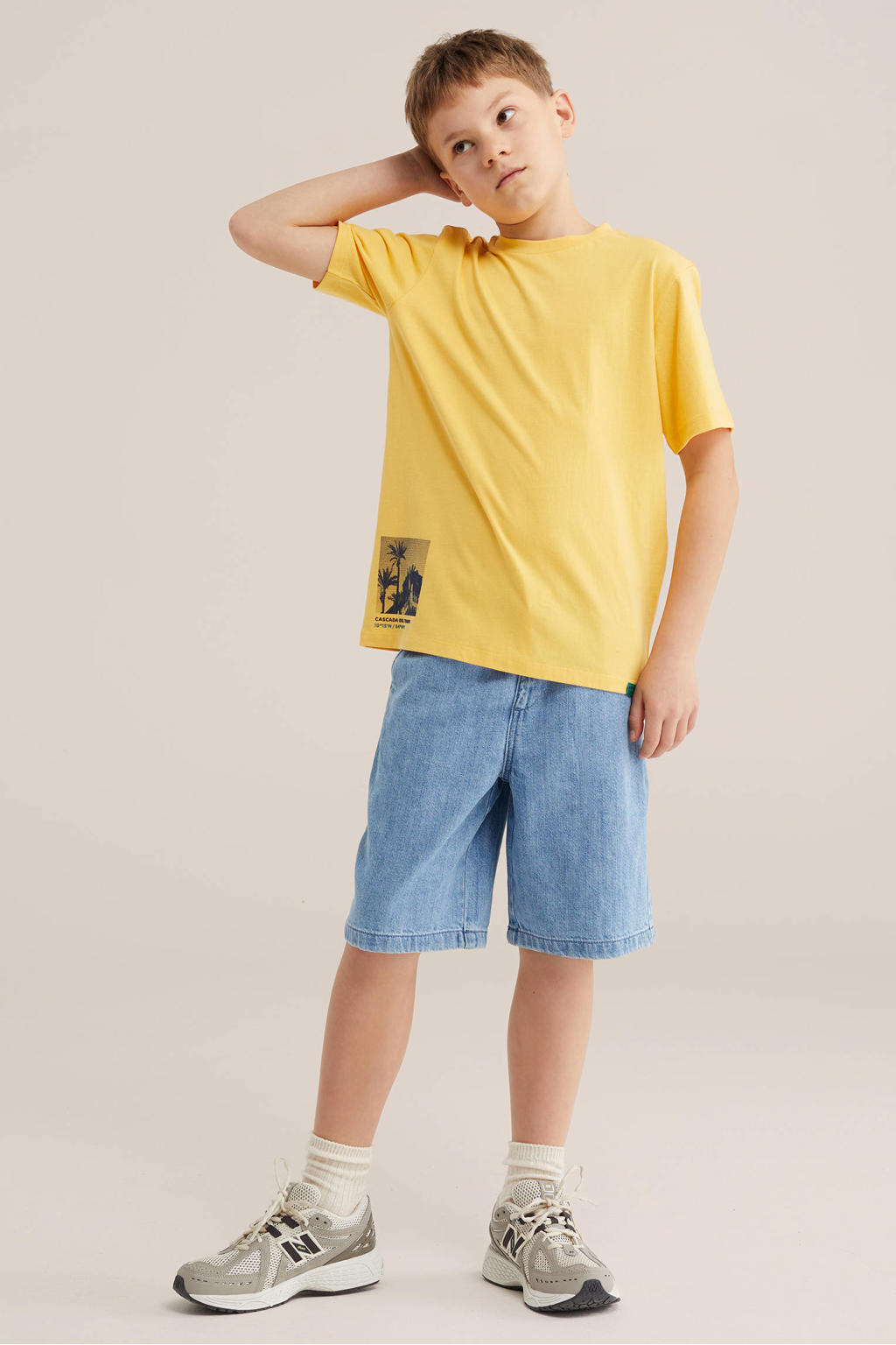 Gele jongens WE Fashion T-shirt van katoen met backprint, korte mouwen en ronde hals