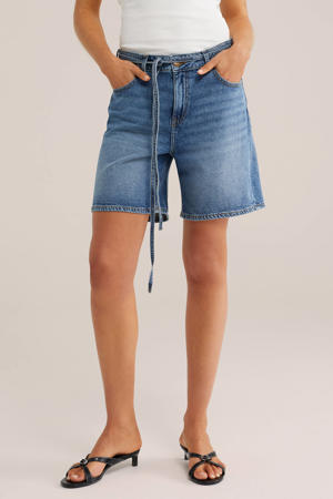 wide leg regular waist short dark blue denim