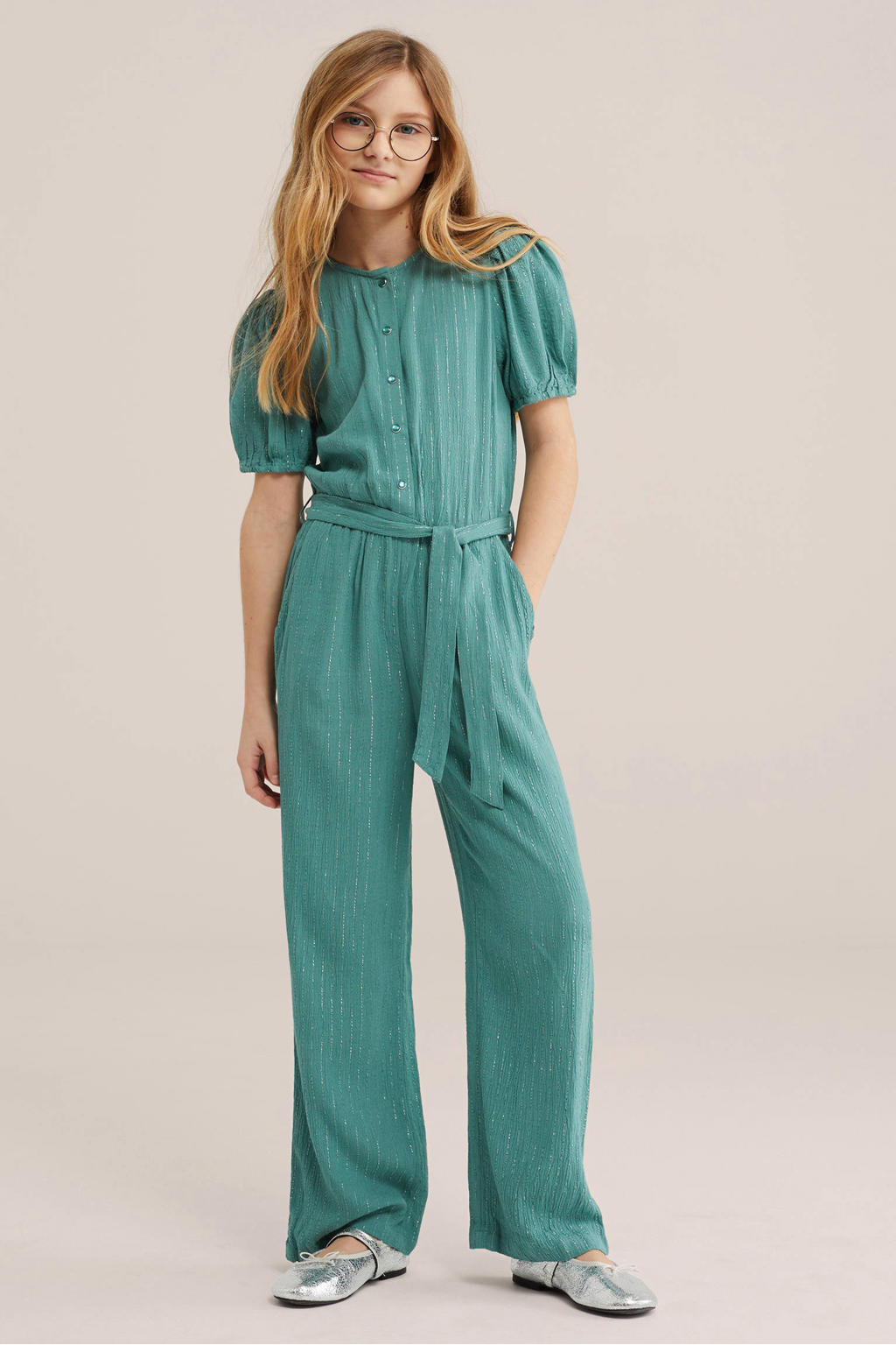 Mintgroene meisjes WE Fashion jumpsuit van viscose met effen, korte mouwen, ronde hals, drukknoopsluiting en elastische boord
