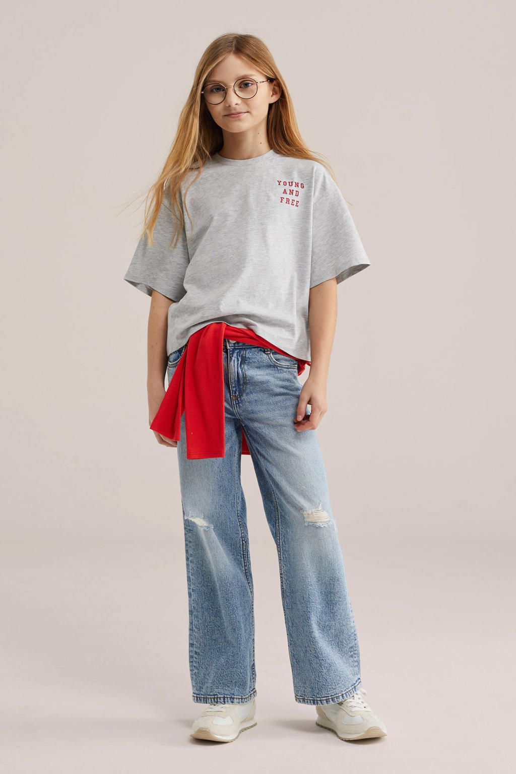 Grijs melange meisjes WE Fashion T-shirt melange van katoen met backprint, korte mouwen en ronde hals