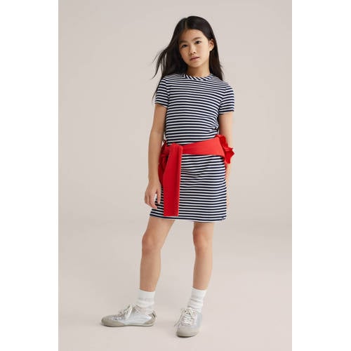 WE Fashion gestreepte t-shirtjurk donkerblauw afbeelding