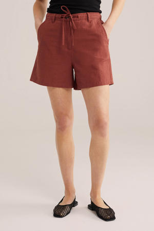 wide leg high waist casual short met linnen roodbruin